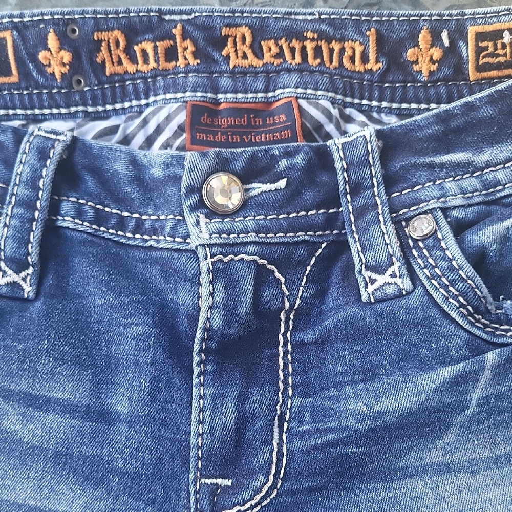 Rock Revival Blue Jeans with Contrast Stitching and Embellished Back